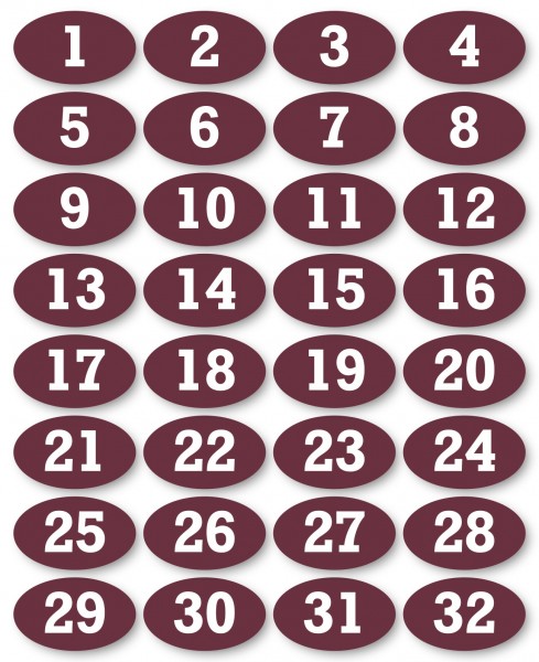 3D SK Nummern Ovalkleber für Bienenvölker-Kennzeichnung (Beutennummern) ein Bogen mit 32 Nummern